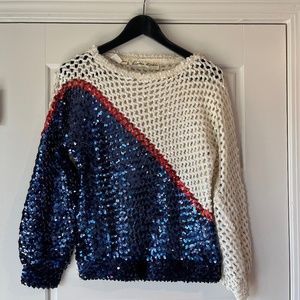 Lillie Rubin - Vintage 80s Americana Beaded Long Sleeved Top (Red White Blue) M